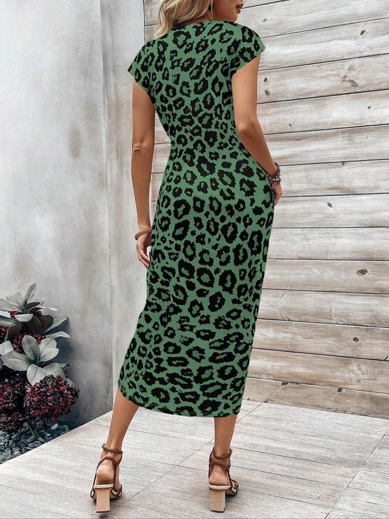 Product Introduction of Women's Leopard Print Knot Bodycon Dress, Elegant Butterfly Sleeve Round Neck Long Dress for Party Holiday Wedding Guest, Ladies Summer Clothes, Modest Dresses, Tall Clothing Women, Summer Dresses 2025 Womenswear Comfort Gamis Chic Crewneck Skinny 8