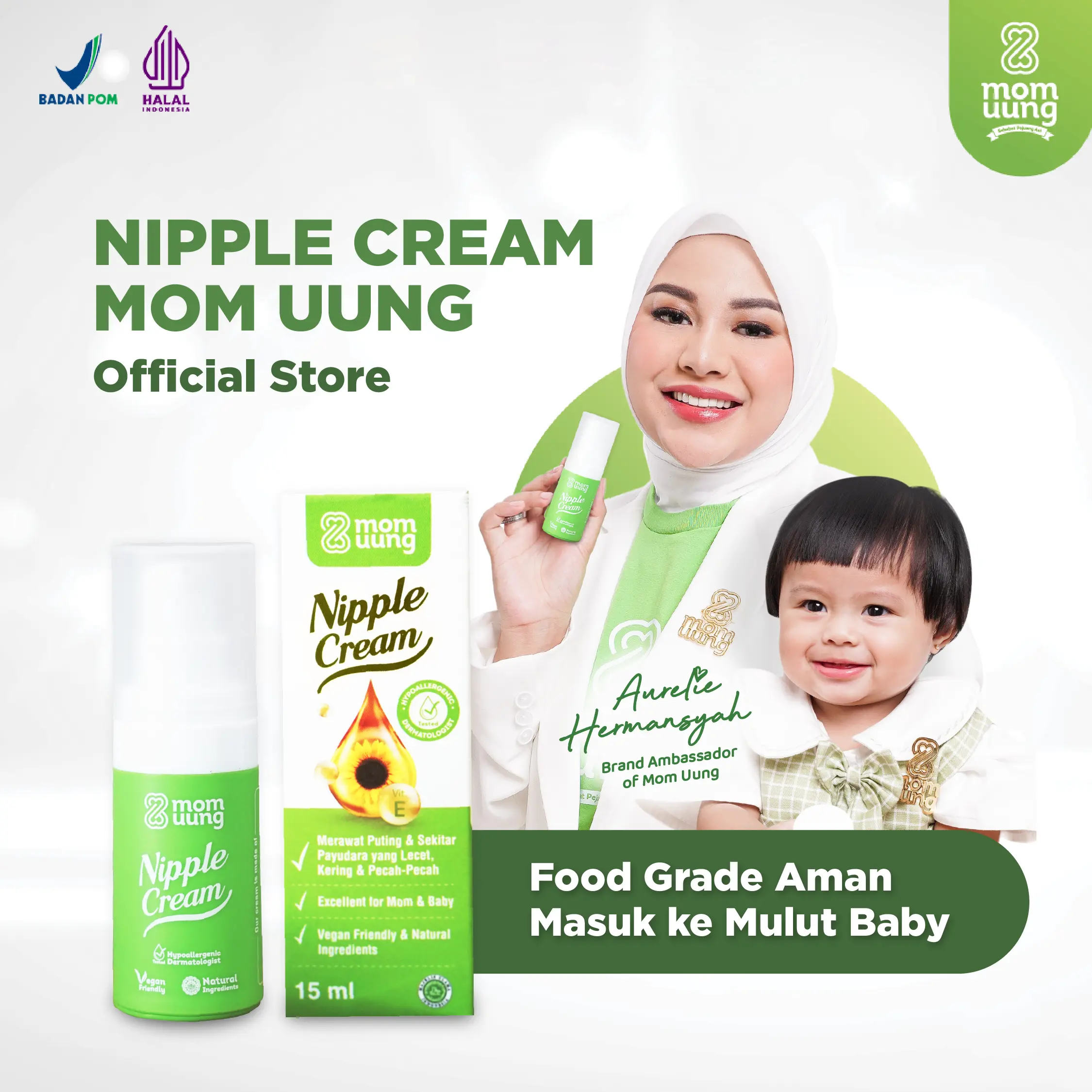 MOM UUNG NIPPLE CREAM NATURAL INGREDIENTS / KRIM PUTING LECET FOOD GRADE - AMAN MASUK MULUT BAYI