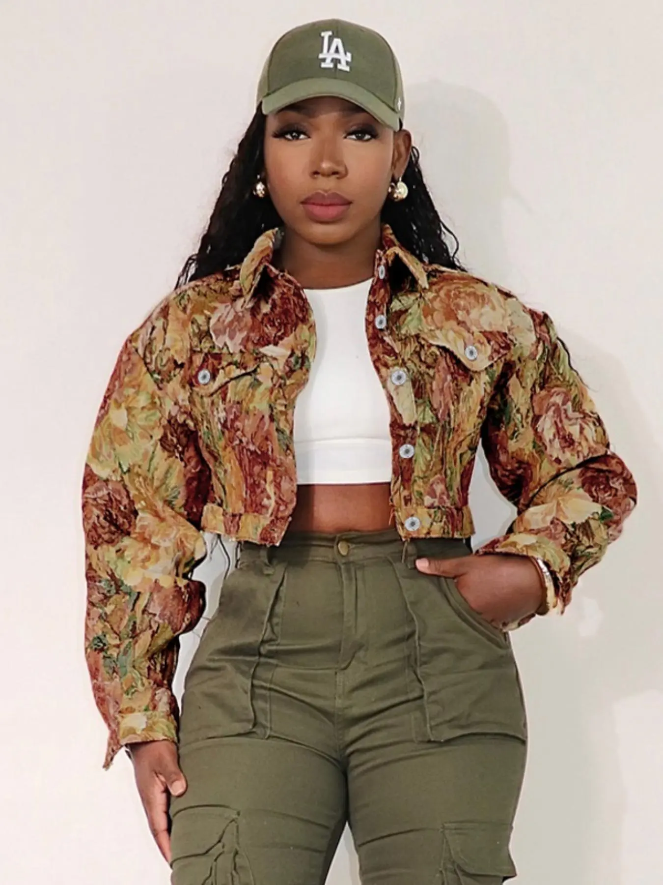 Women's Floral Print Button Front Crop Jacket, Casual Long Sleeve Collared Outerwear for Fall & Winter, Ladies Clothes for Daily Wear, Coat