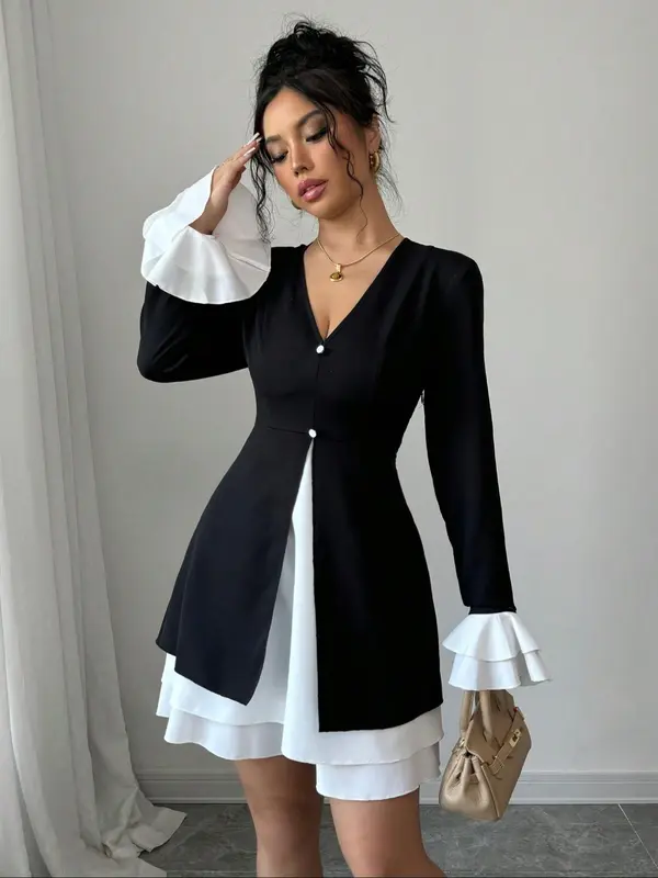 Women's Flounce Sleeve Dress, Elegant Fashion Casual V Neck Dress for Daily Outdoor Wear, Women Dress for Summer 3