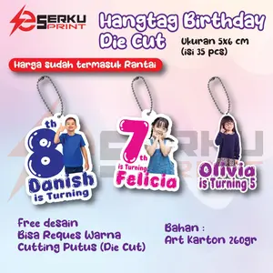 (ISI 32 pcs) HANGTAG UCAPAN ULANG TAHUN ANAK CUSTOM FOTO LUCU DIE CUT GRATIS TALI RANTAI