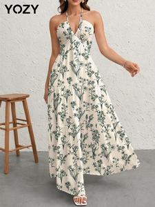 YOZY Women's Floral Print Ruffle Hem Cami Dress, Elegant Sleeveless Halter Long Dress for Party Holiday Wedding Guest, Ladies Clothes for All Seasons