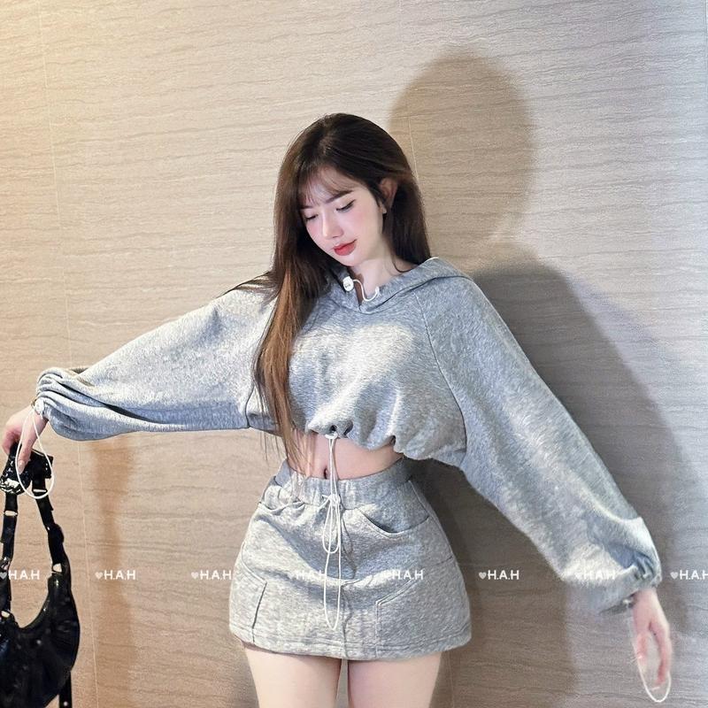 Set bộ croptop có mũ rút dây chân váy sẵn lót quần siêu chất Hach dáng chuẩn mẫu mặc Áo Nữ Women - Sen, Nhung