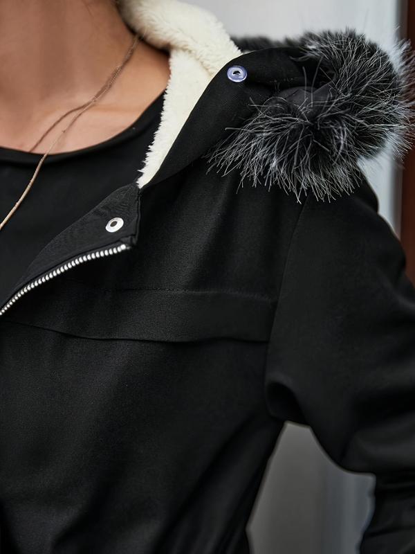 Women's Solid Zip Up Fleece Hooded Coat, Casual Long Sleeve Thermal Lined Outerwear for Fall & Winter, Ladies Clothes for Daily Wear 4