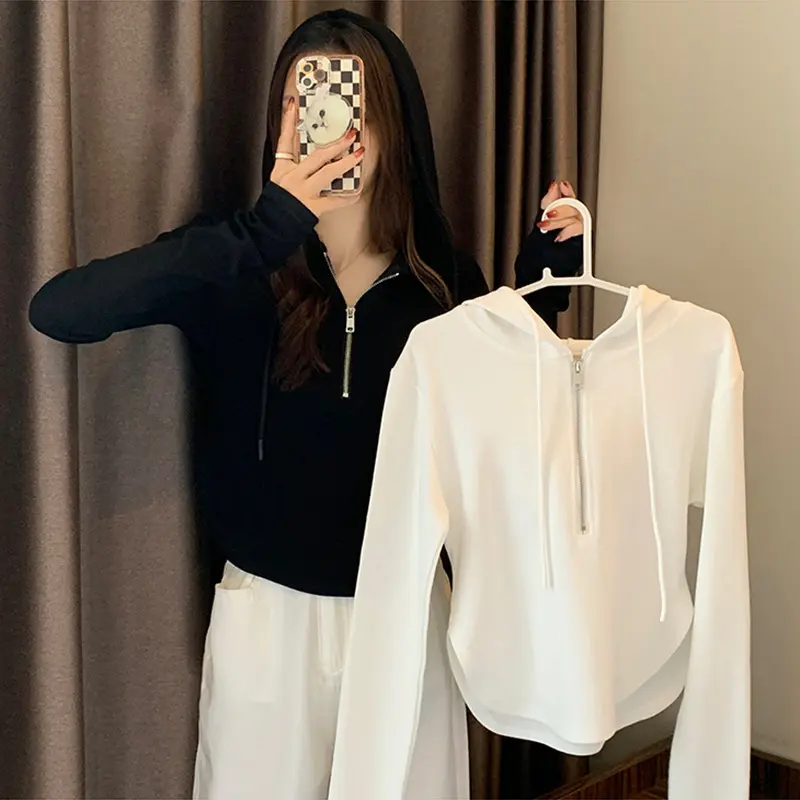 READY STOK - Baru hoodie wanita bagian tipis setengah ritsleting lengan panjang atas - vada colar crope korean style