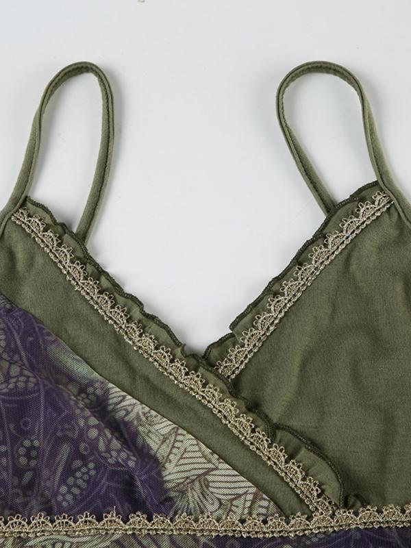 Women's Floral Print Contrast Lace Cami Top, Retro Asymmetrical Hem Sleeveless Top for Daily Wear, Ladies Clothes for All Seasons 2
