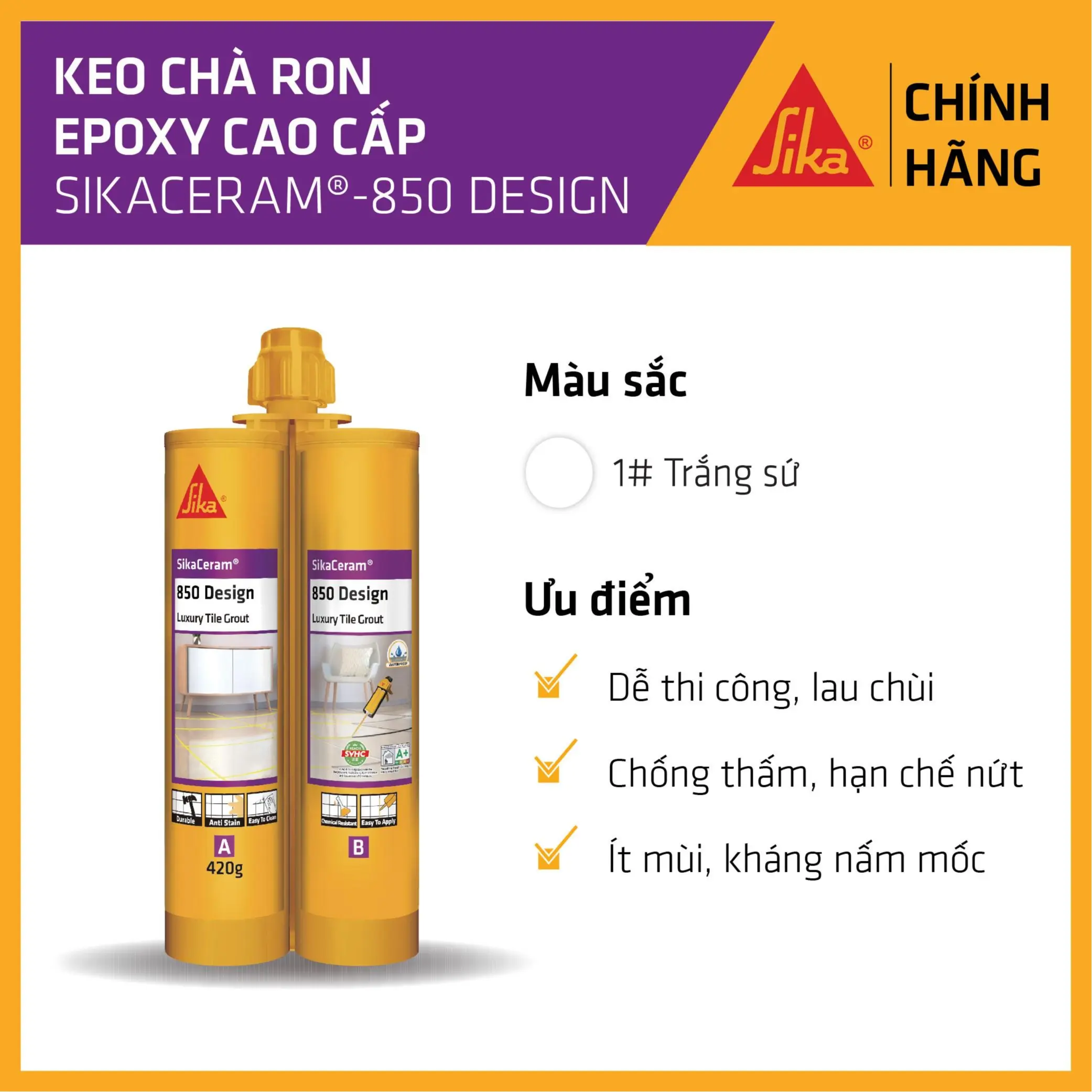 Sika - Keo chà ron epoxy cao cấp hai thành phần SikaCeram-850 Design (Trắng Sứ) 420g (không kèm dụng cụ)
