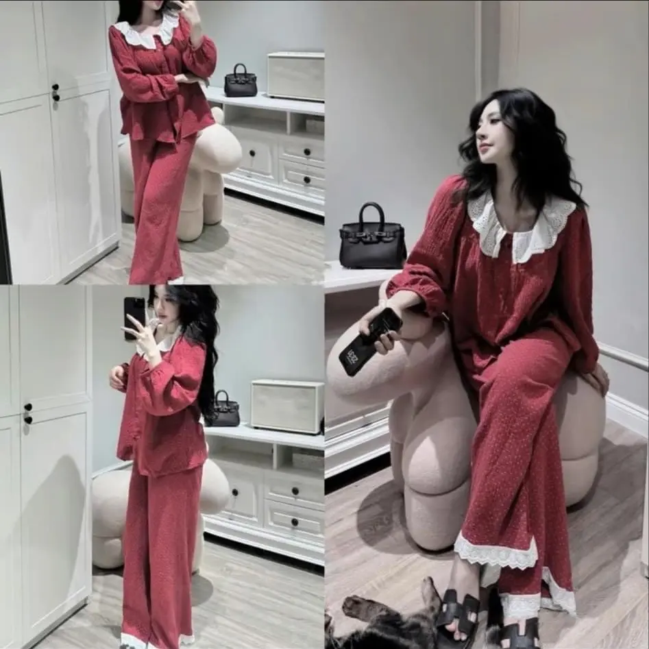 H134 Bộ ngủ nữ chất đũi hàn cổ tròn ren áo dài tay hoạ tiết dễ thương, kiểu dáng tiểu thư phù hợp mặc bốn mùa Top Women