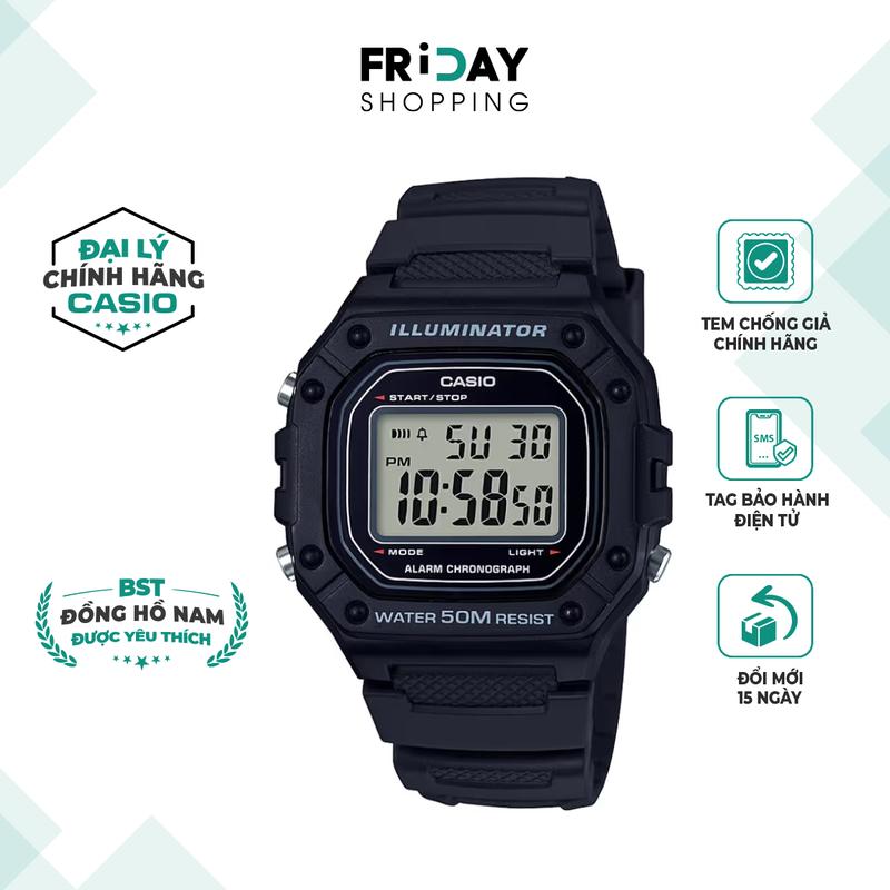 Đồng Hồ Nam Điện Tử Casio Watch W-218H-1AVDF Mặt Vuông Dây Cao Su Đeo Tay Chính Hãng Chống nước 5 ATM