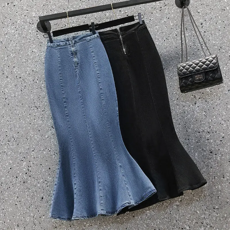 Chân Váy Đuôi Cá Denim Co Giãn, Chân Váy Xẻ Tà, Chân Váy Bodycon Dài Trung Bình Mới, Cỡ Nhỏ, Năm 2024