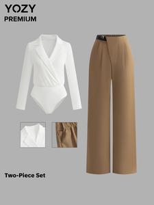 YOZY Women's Solid Lapel Neck Bodysuit & Wide Leg Pants Two-piece Set, Elegant Fashion Casual Long Sleeve Bodysuit & Zipper Trousers for Daily Outdoor Wear, Women's Clothing for Spring & Fall