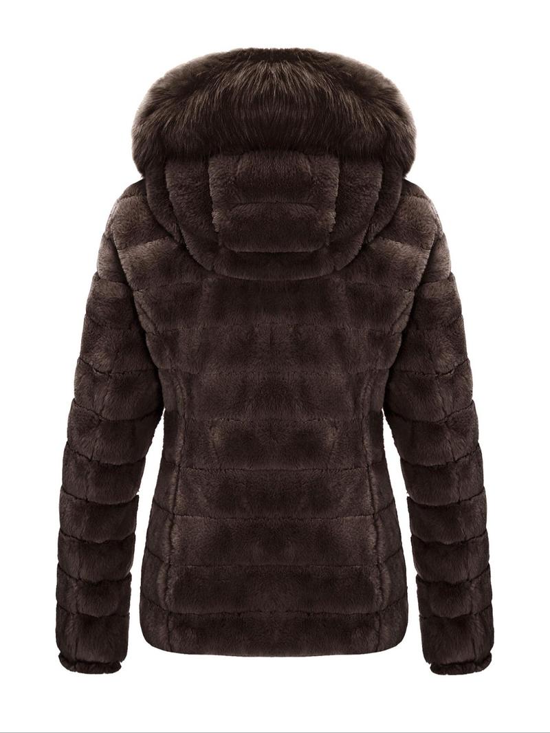Product Introduction of Women's Solid Color Contrast Faux Fur Reversible Hooded Jacket, Casual Warm Long Sleeve Drawstring Quilted Coat for Fall & Winter, Women's Clothing for Daily Wear 8