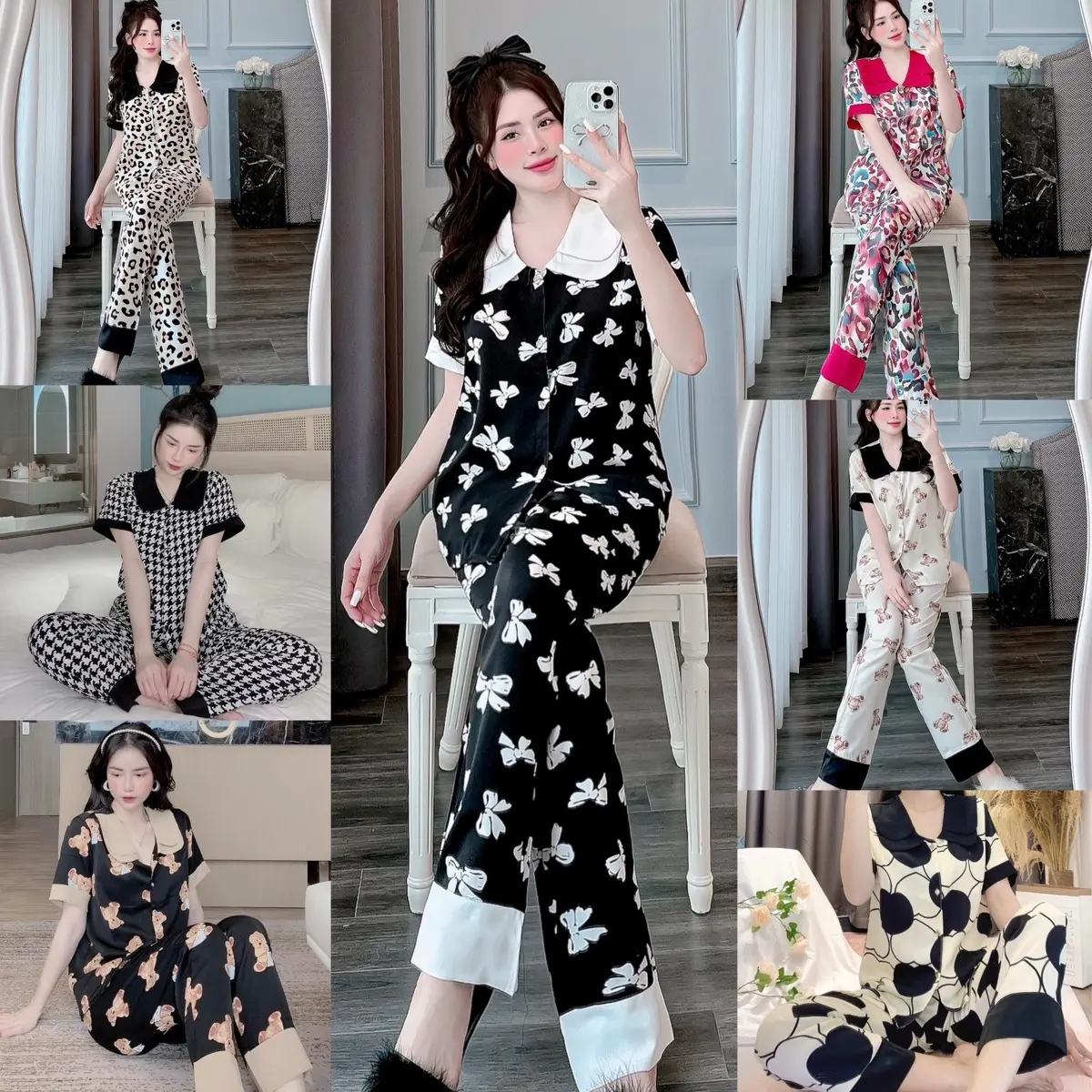 Bộ Pijama Lụa Cổ Sen Tay Ngắn Quần Dài Women Cho Nữ Áo Top - Bộ Lụa Cổ Sen Xinh Xắn Mềm Mát Dễ Mặc Nhà Thoải Mái Bền Đẹp Không Bạc Màu Hàng Lụa Giảm Giá