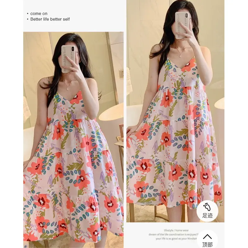 Váy Ngủ, Đầm Mặc Nhà 2 Dây Cổ V Dáng Xoè Chất Liệu Lanh Siêu Mềm Mát Mịn, Hàng Quảng Châu Freesize 47-75kg 3
