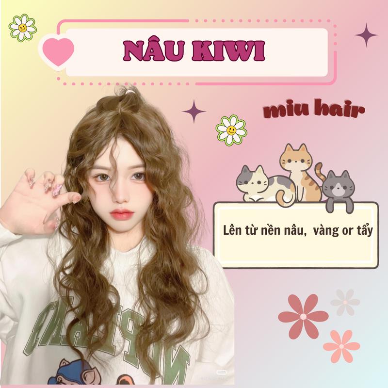 Nhuộm tóc màu nâu kiwi -vàng ánh rêu, lên từ nền nâu, vàng