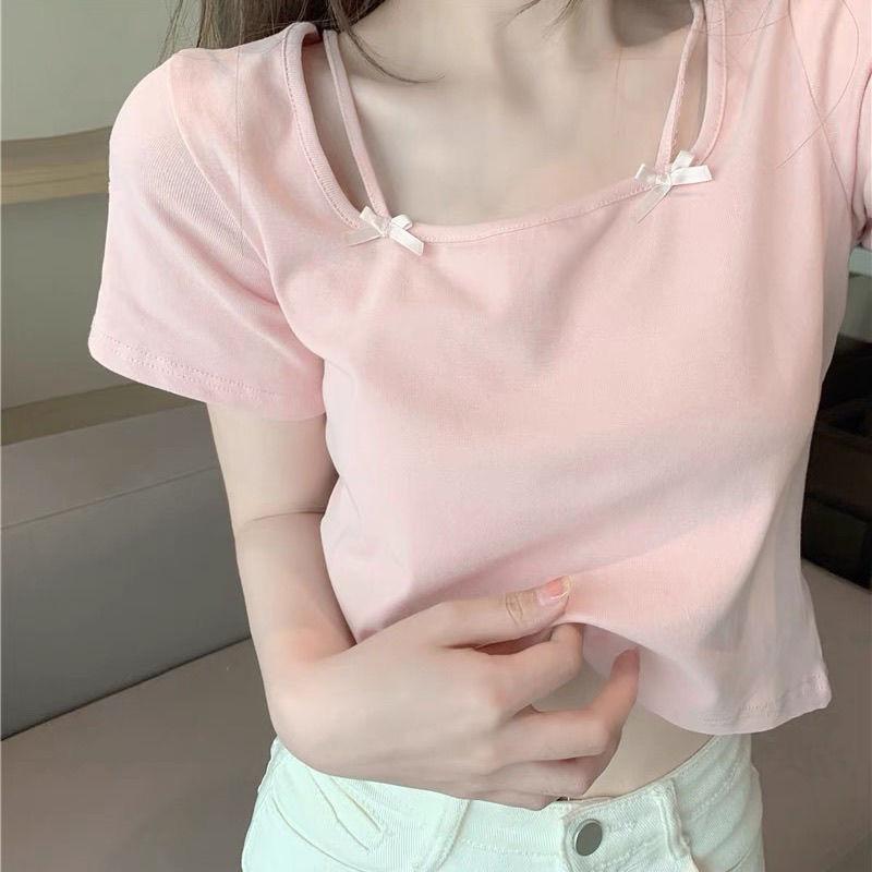 Áo Thun Ngắn Tay Cổ Vuông Màu Hồng Cô Gái Nóng Bỏng Ngầu Tinh Khiết Áo Crop Top Cạp Cao Độc Đáo Thiết Kế Đẹp Mùa Hè Sang Trọng Cho Nữ