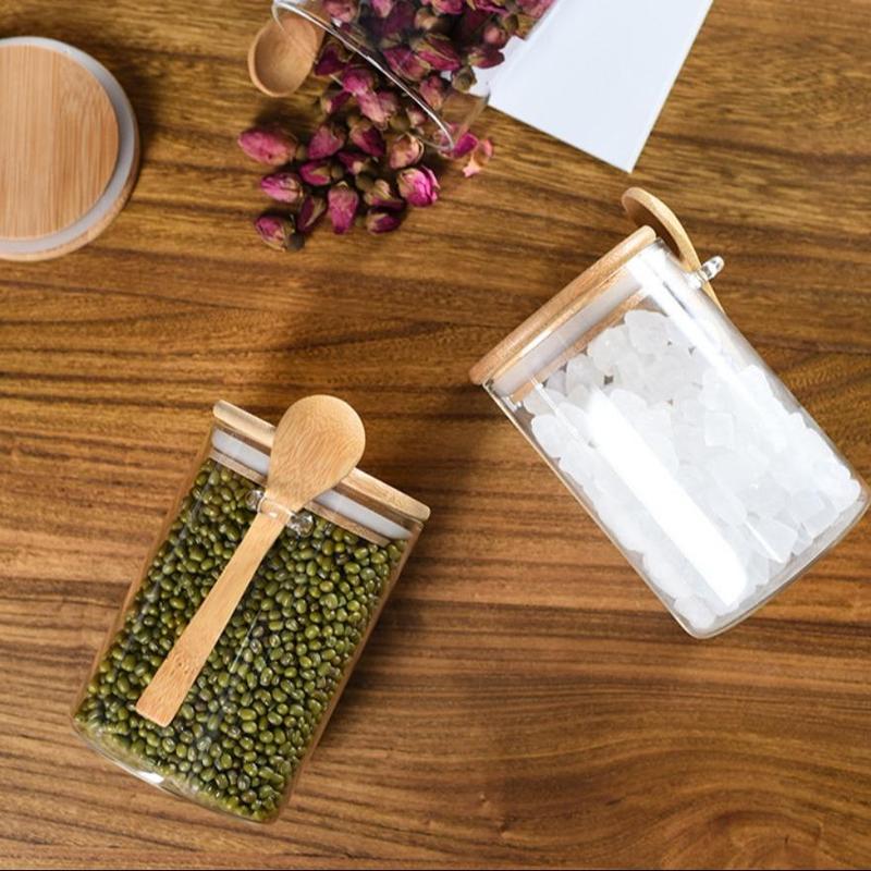 Clear Glass Storage Jar with Wooden Spoon Set (2 Sets), Household Food Storage Container with Bamboo Lid, Kitchen Utensils, Anti-breakage Packaging Sealed Bottle Set 6