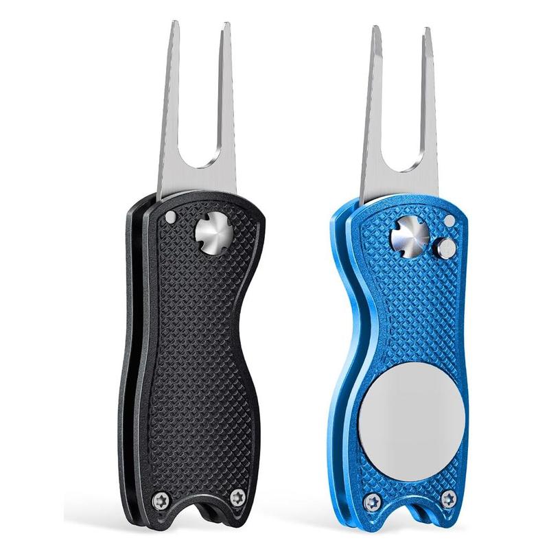 Product Introduction of Golf Divot Repair Tool, 2 Counts Foldable Metal Green Tool with Magnetic Putt Alignment Ball Marker, Pop-up Fork Tine with Sturdy Aluminum Alloy Handle, Professional Golf Accessories 0