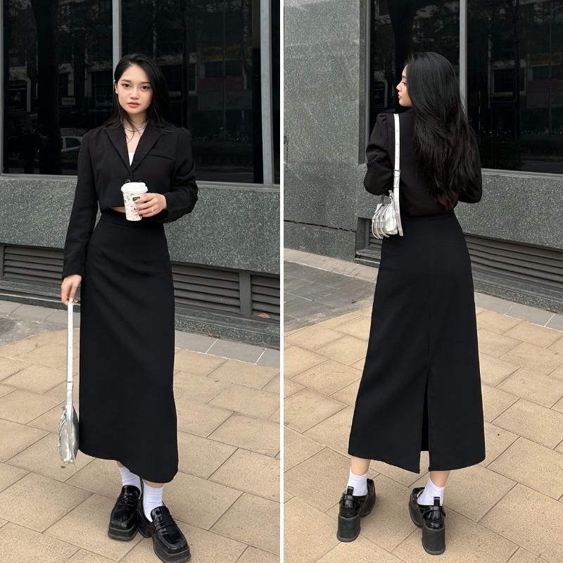 Chân váy dáng dài 85cm chất vải umi co dãn dáng Váy chữ A dài vải umi hàn cao cấp co giãn 4 chiều có xẻ sau Nữ