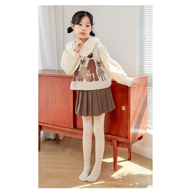 Quần tất len lót nỉ ấm liền bàn cho bé gái màu trơn thun gân tăm 2