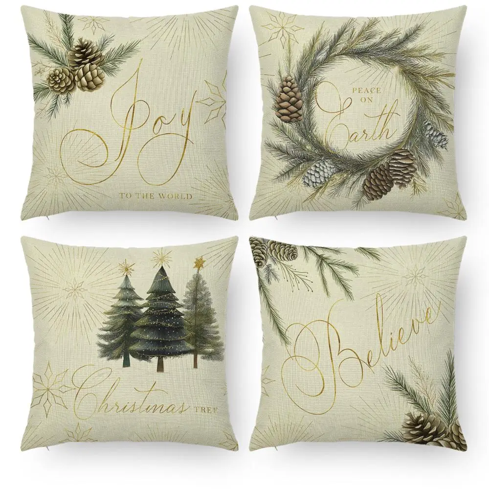Christmas Themed Pillow Cover, 4 Counts/set Square Pillow Cover without Filler, Household Decoration Supplies for Home Living Room Bedroom