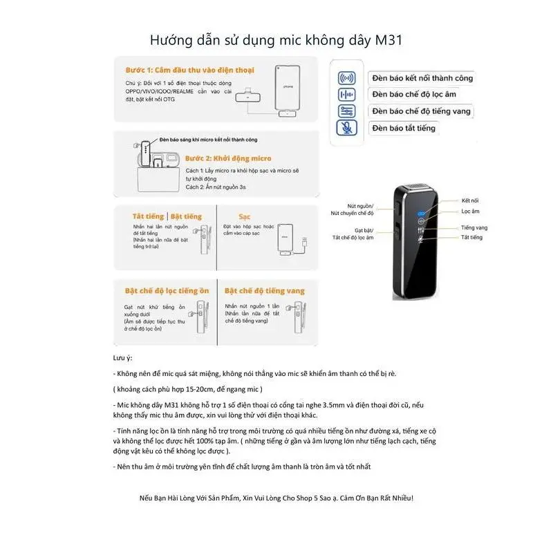 Mic Thu Âm Không Dây Cho điện thȯại M31 - Bật Tắt Lọc Ồn - Micro Ghi Âm, Quay Video, Làm Vlog ,Livestream Tiktok 7