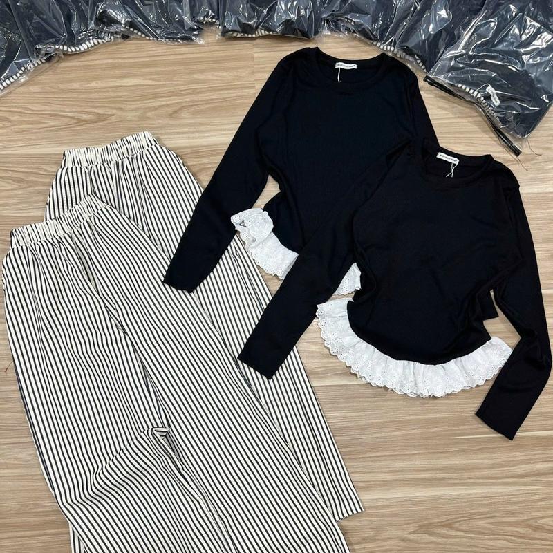 [SALE MẠNH] Set Bộ Nữ Mặc Nhà Tay Dài Viền Ren Đính Nơ + Quần Dài Caro Đáng Yêu. Hàng Shop Tự Chụp Y Hình.  Top Women Áo Voi Nhung Kem Lịch