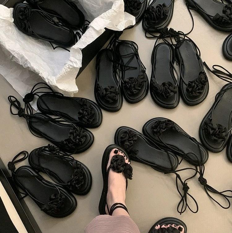 Gạo.Shoes Có BigSize Dép Sandal Nữ Bánh Mỳ Cao 3 Cm Mũi Tròn Quai Kẹp Bông Hồng Xinh Xắn. DéP Hoa