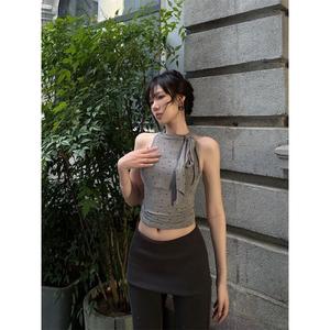 เสื้อชั้นใน ลายจุด วินเทจ สายผูก สำหรับผู้หญิง ฤดูร้อน สีเทา สาวฮอต เสื้อแขนกุด เสื้อฐาน เหมาะสำหรับแจ๊กเก็ต