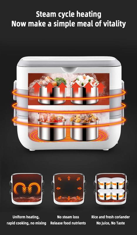 Product Introduction of Portable Electric Lunch Box Heating Single Double Layers Stainless Steel Cooking Lunch Boxes Food Storage Warmer Container Mini Rice Cooker Steamer Tableware 22
