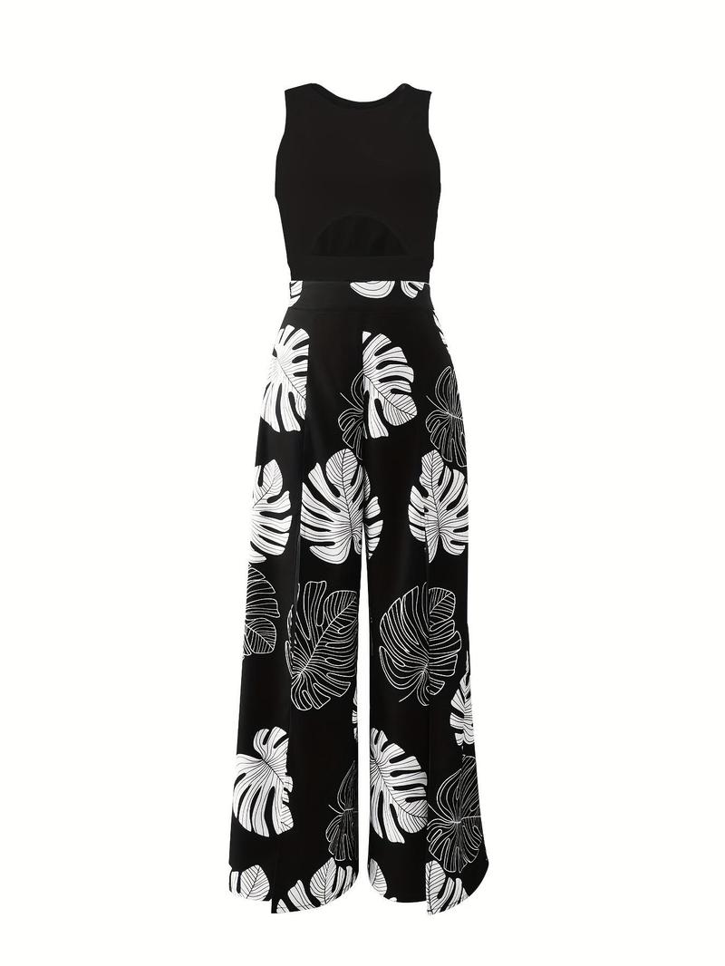 Product Introduction of Women's Solid Crop Top & Leaf Print Wide Leg Pants Two-Piece Set, Elegant Fashion Casual Top & High Waist Trousers for Daily Outdoor Wear, Ladies Outfits for Summer 3