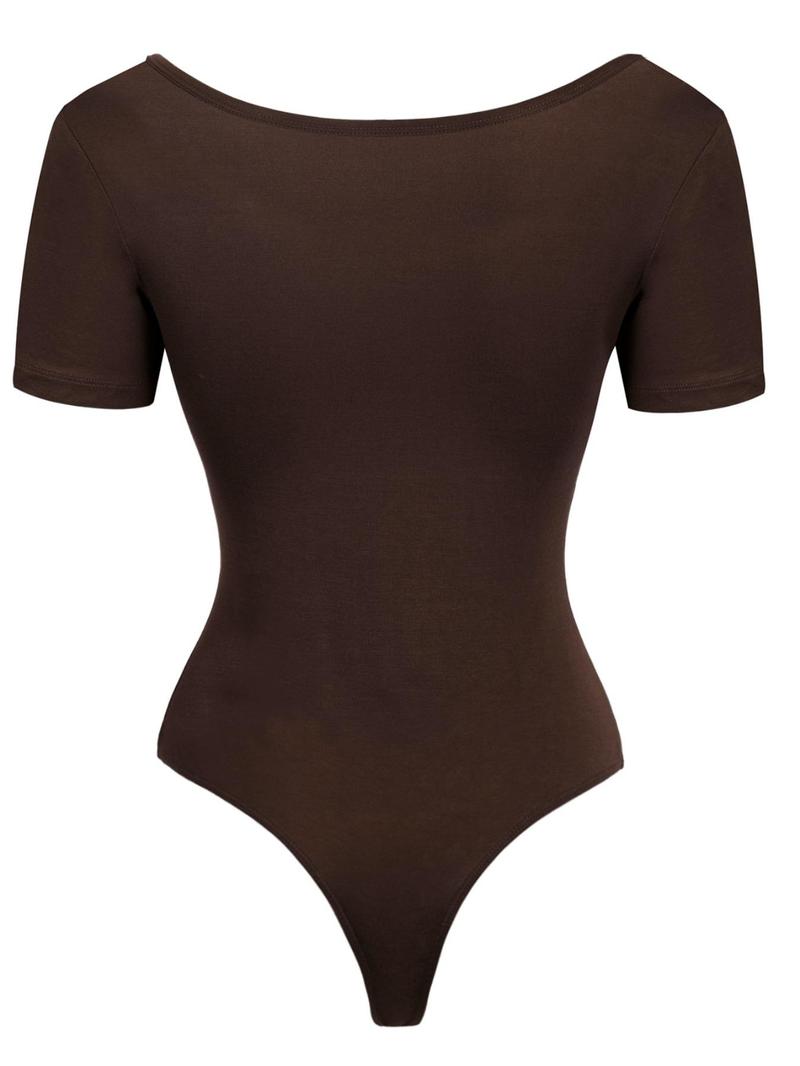 Product Introduction of Women's Solid   Bodysuit, Casual Comfy Short Sleeve Bodysuit for Summer, Ladies Clothes for Daily Wear 5