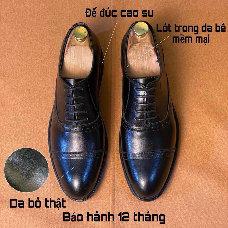 Giày Tây Nam Tăng Chiều Cao 6,5cm - Giày Công Sở Da Bò Nhập Khẩu - Bảo Hàng 12 Tháng ĐEN NGANG