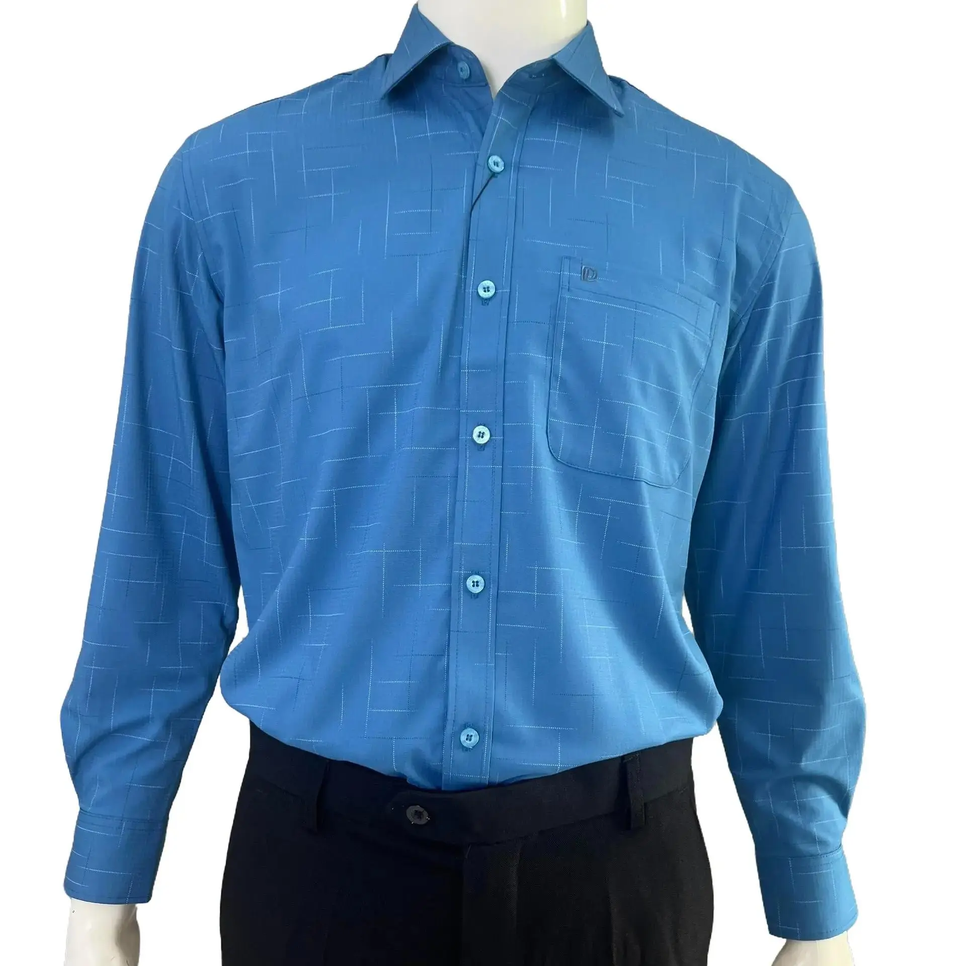 Áo sơ mi Nam trung niên dài tay thêu túi họa tiết vuông góc DOLI classic Menswear Shirt Cổ Tròn