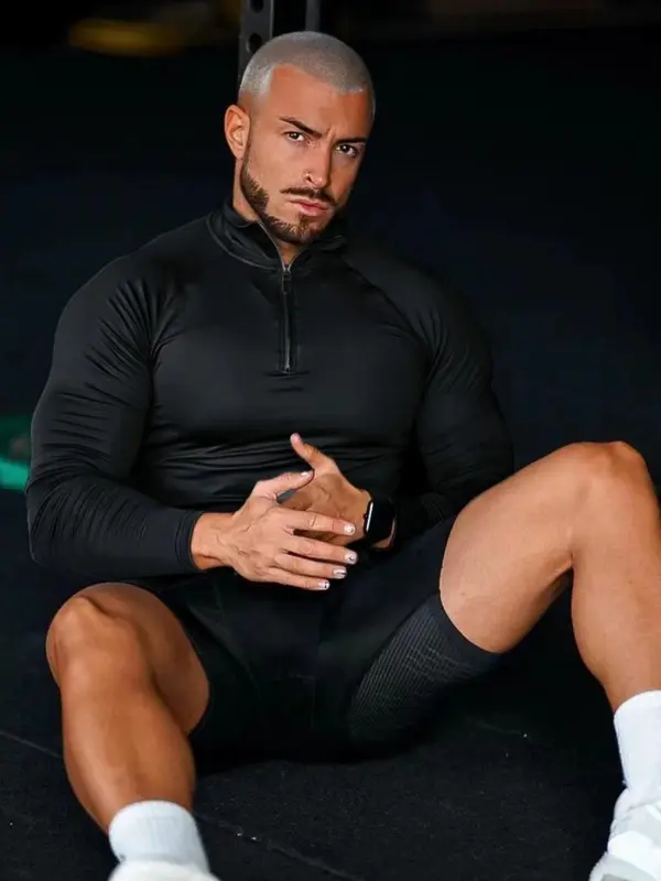 Men's Solid Long Sleeve Compression Tee, Casual Comfy Breathable T-shirt for Spring & Fall, Men's Top for Gym Workout Running, Stretch Athletic Tee 3