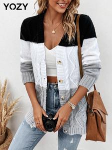 YOZY Women's Colorblock Drop Shoulder Button Front Cardigan, Casual Long Sleeve V Neck Knitwear for Fall & Winter, Fashion Women's Knit Clothing for Daily Wear