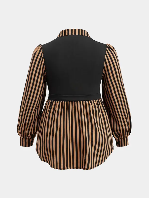 CURVZY Plus Size 2 in 1 Striped Print Bishop Sleeve Blouse, Casual Long Sleeve Collared Top for Spring & Fall, Women's Clothes for Daily Wear, Valentine's Day Gift for Girl, Fall Clothes, Winter Clothes 5