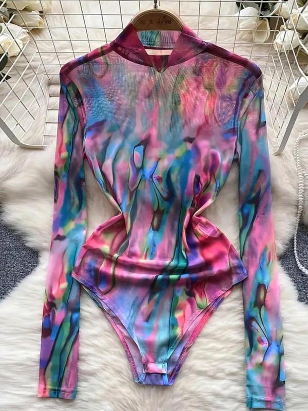 Women's Tie Dye Print Long Sleeve Bodysuit, Casual High Neck Bodysuit, Ladies Clothes for Spring & Fall 2