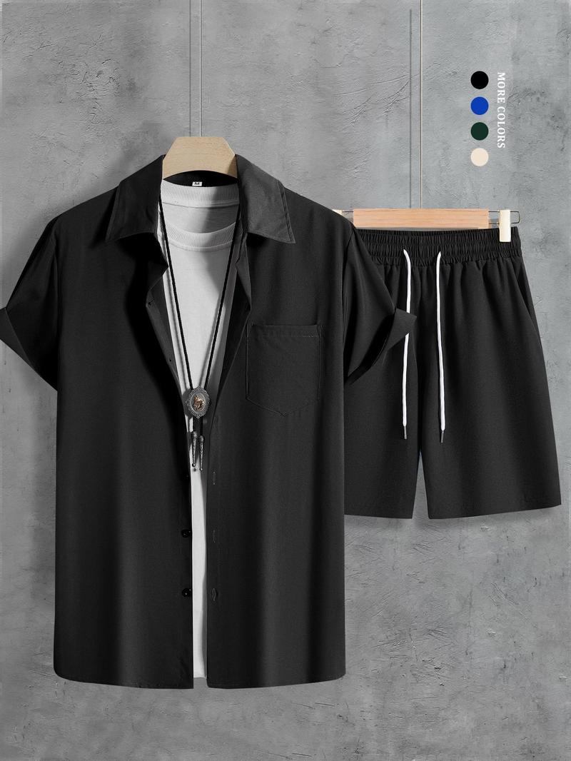 Product Introduction of 2 Counts Men's Plain Co-ord Set, Regular Fit Basic Button Front Shirt & Drawstring Shorts, Summer Outfits for Men 12