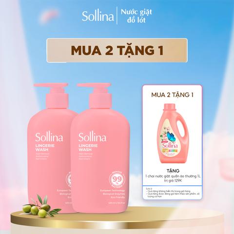 [MUA 2 TẶNG 1] Combo 2 Nước giặt đồ lót chuyên dụng Sollina Hồng hương thơm ngọt dịu 400Ml/ chai Kháng khuẩn, Làm Sạch, An toàn cho da + Tặng 1 chai Nước giặt quần áo thường 1L Làm Sạch