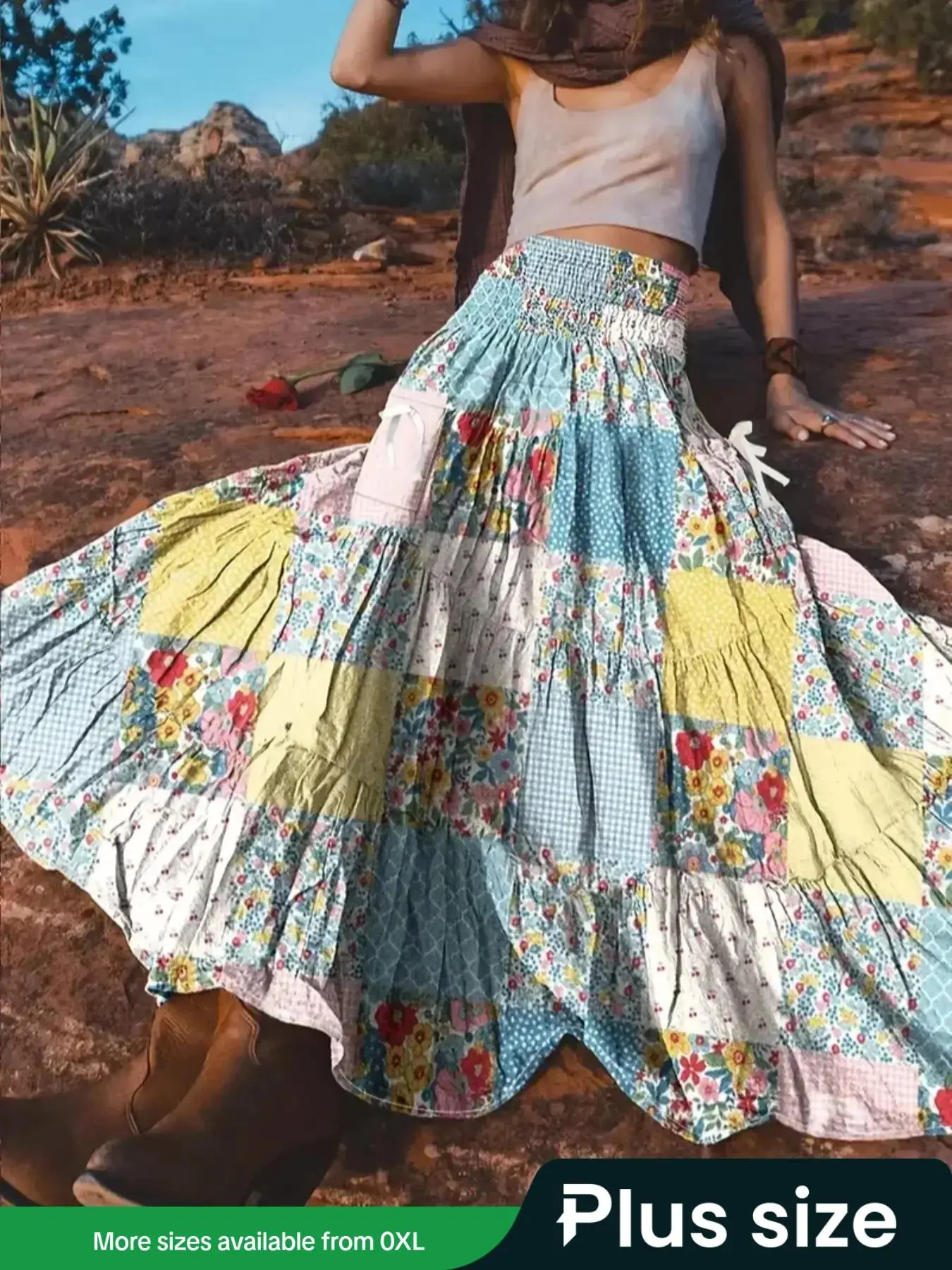 【Plus Size】 Patchwork Print Pocket Skirt, Casual Fashionable Long Skirt for Daily Wear, Women's Bottoms for All Seasons