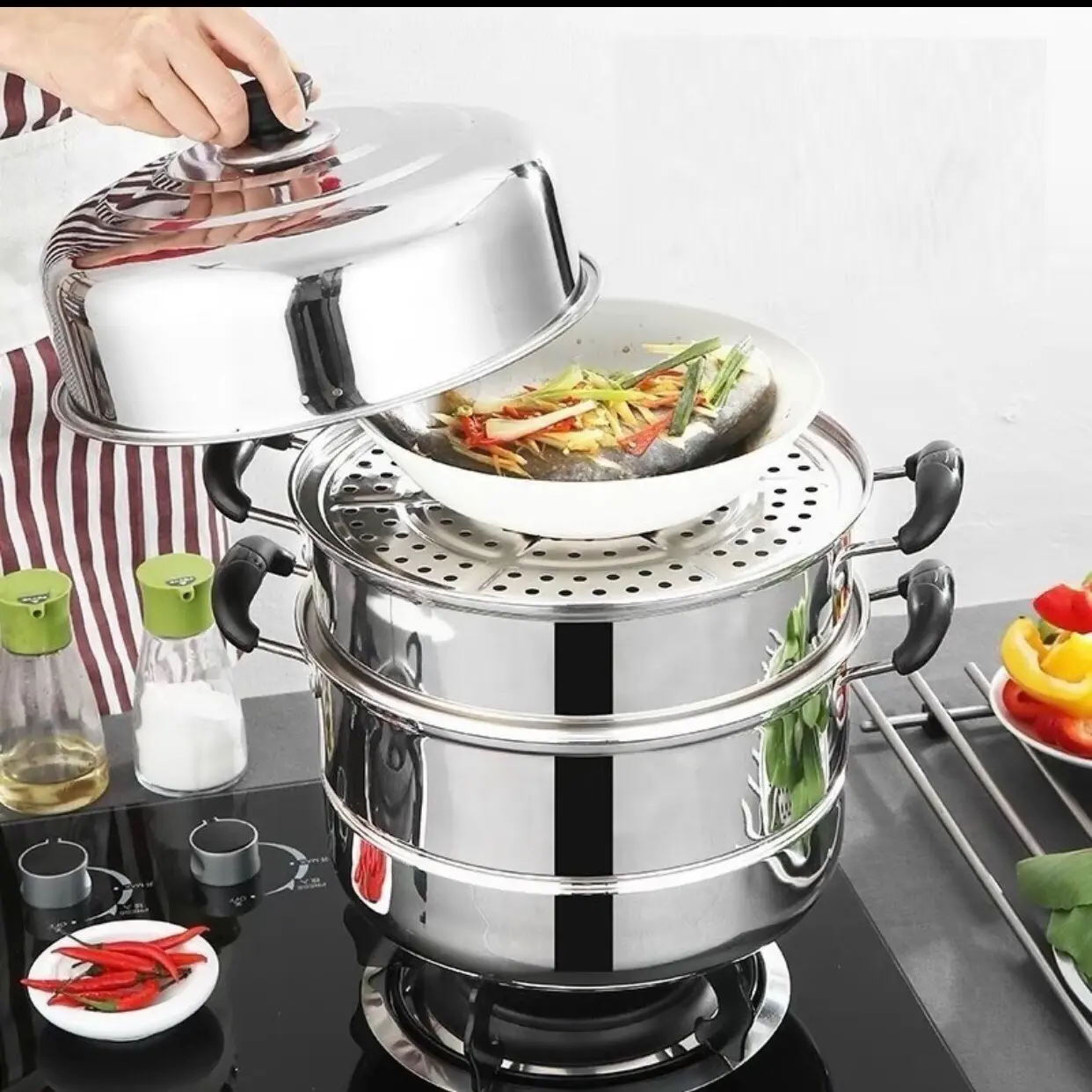 Nồi hấp inox 3 tầng 28cm tiện ích tặng kèm vỉ hấp nồi hấp bánh bao thức ăn