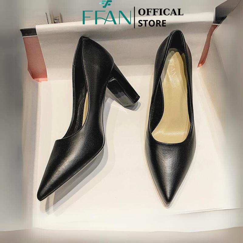 [DA THẬT mềm mại] Giày cao gót nữ mũi nhọn đế vuông 0601 FFAN STORE, 5 7 9 11 phân bít mũi màu đen big size
