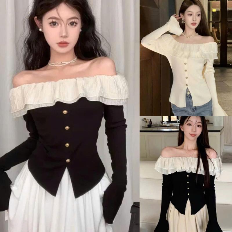 Áo thun nữ dai tay trễ vai phối bèo tay loe chất thun gân tăm đính cúc ngọċ tiểu thư phong cách hàn quốc A287 SUTANO