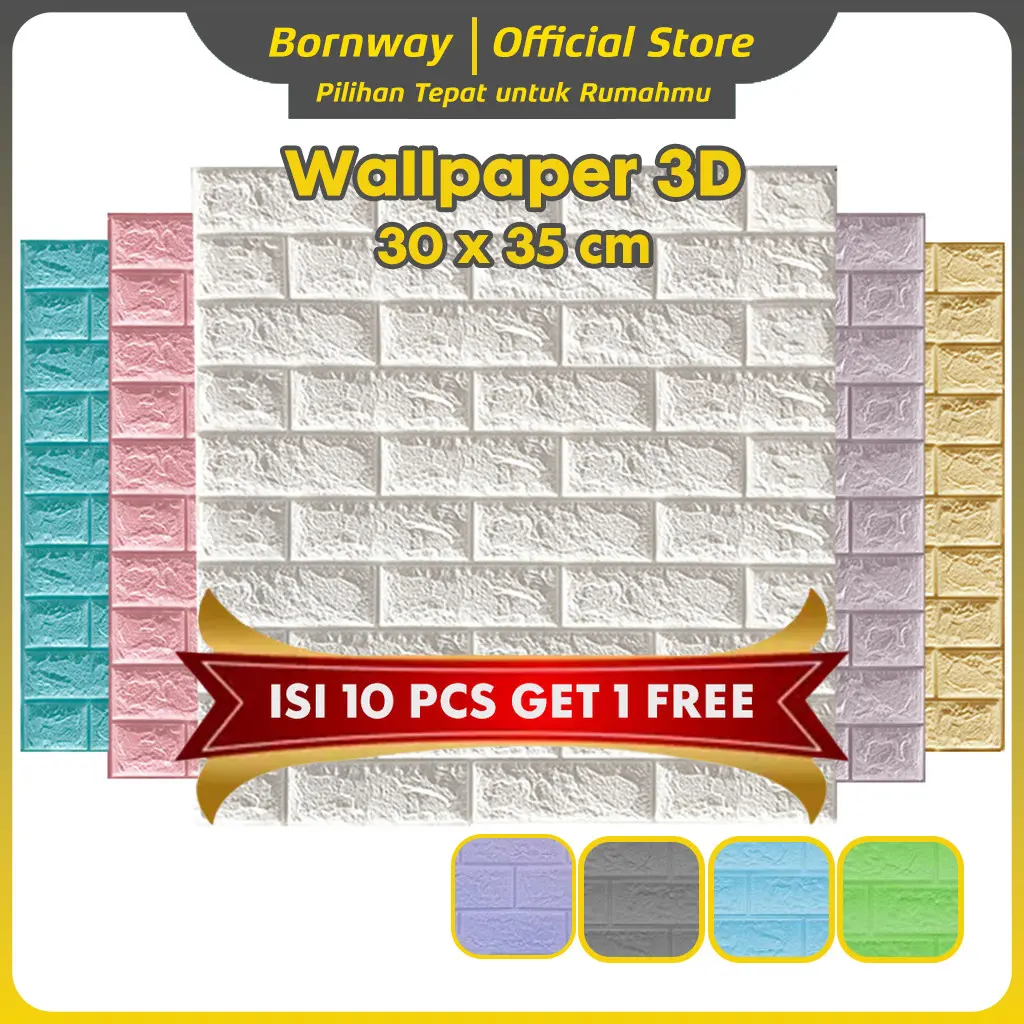 Bornway Wallpaper 3D Mini Motif Batu Bata 35x30cm Paket 10 PCS FREE 1 PCS Bahan Busa XPE 3mm Lem Super Lengket Ramah Lingkungan Fleksibel Mudah Dipasang Dinding
