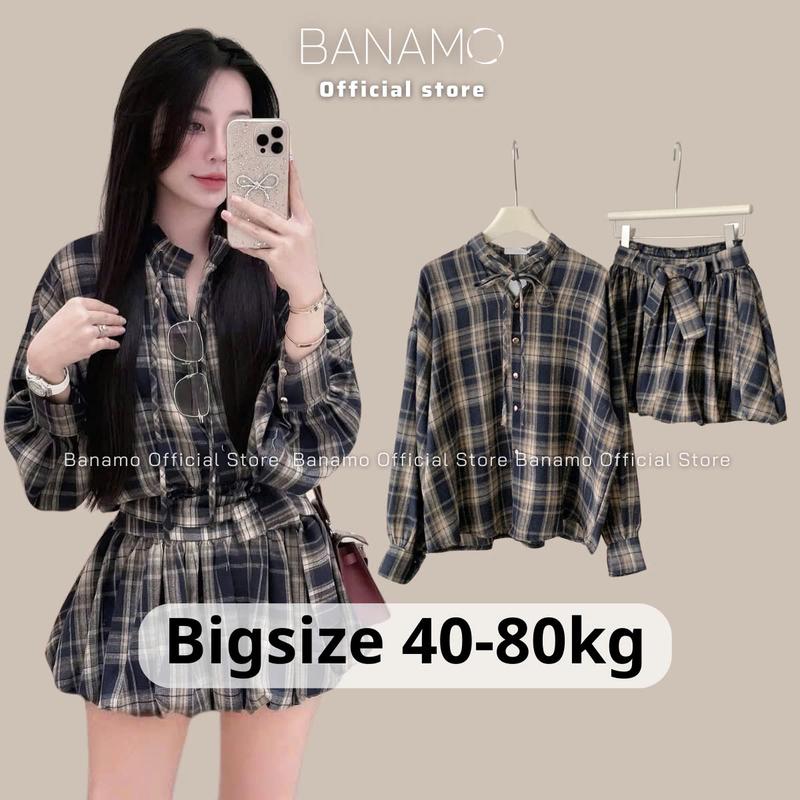  Set nữ BIGSIZE Banamo Fashion set áo sơ mi kẻ caro cổ tàu tay bồng phối dây buộc nơ mix chân váy xoè bí phồng 1303 