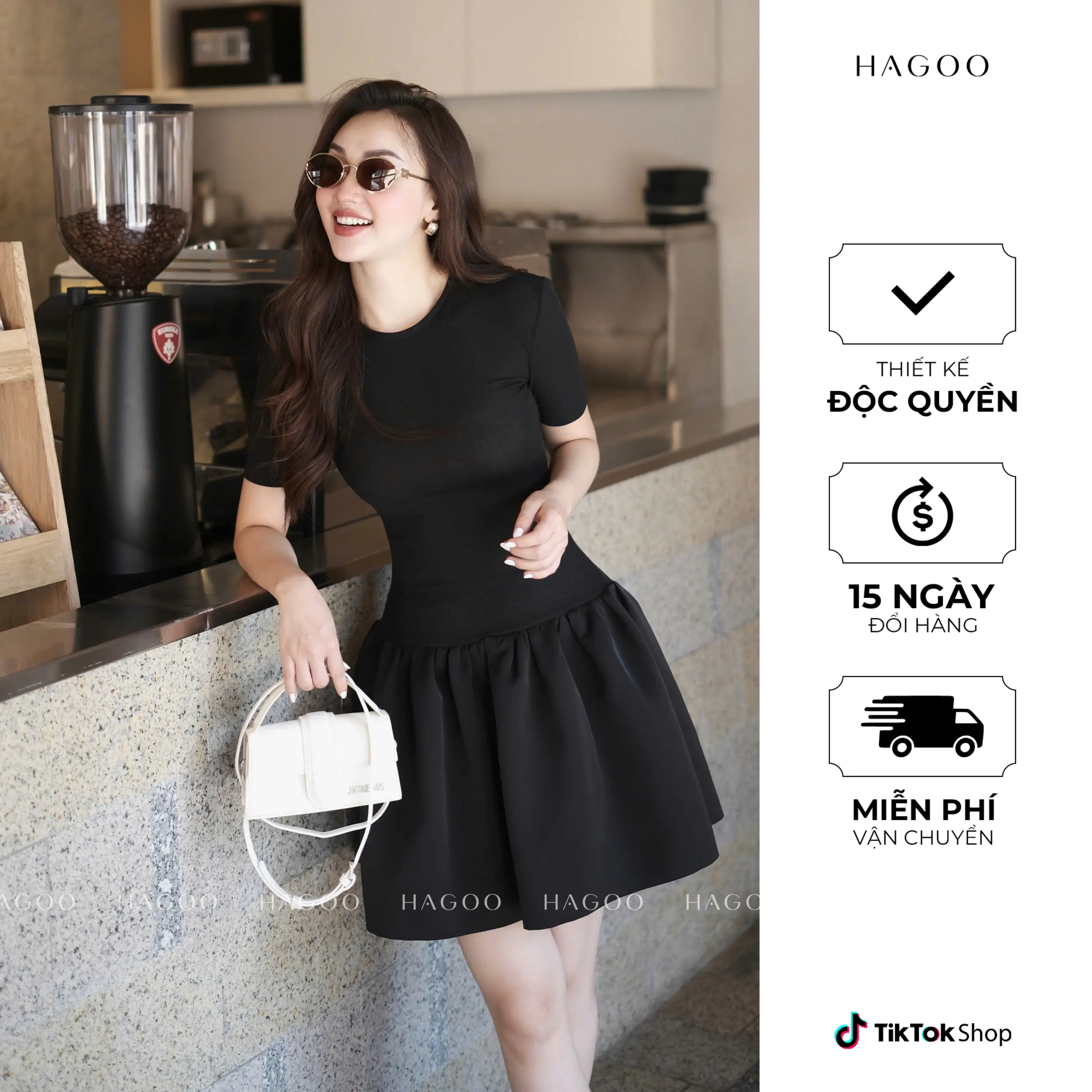 HAGOO Váy xoè thun dáng ngắn cổ tròn phối tafta lụa phong cách hiện đại Nữ Women Dress Đen [V387-S]