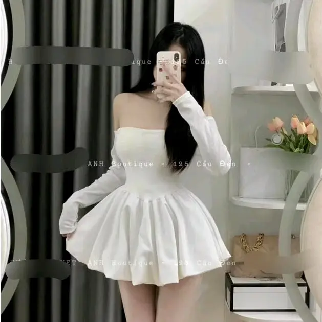 đầm trễ vai tay dài from xòe kèm quần siêu xinh hoa váy tiệc Kem Dress Voan Nữ 2