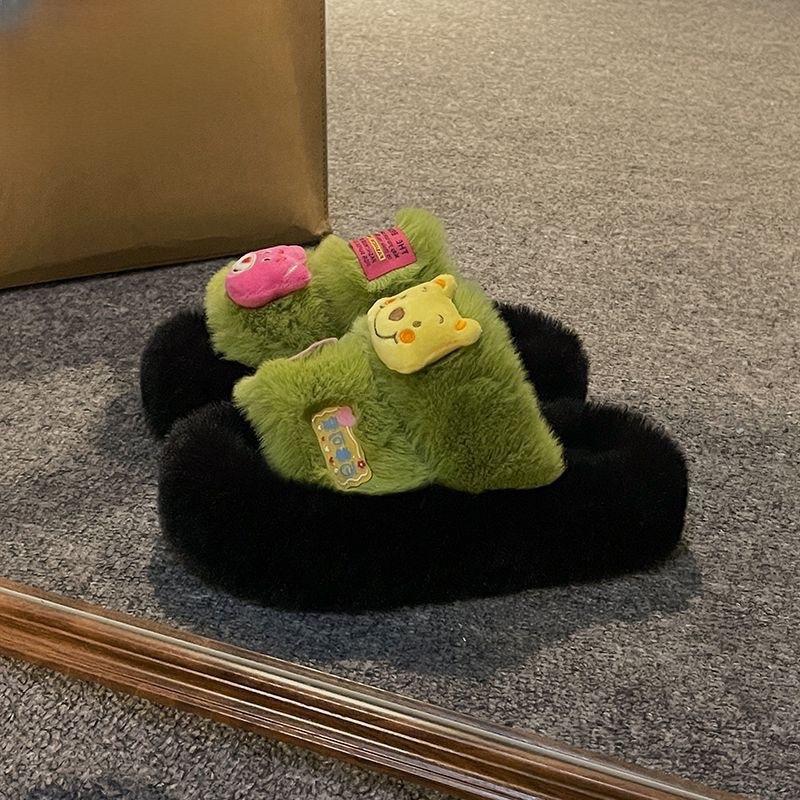 [Fom rộng đặt lùi 1 size) DÉP LÔNG PHỐI MÀU HÁCH DÁNG 6,5cm GẮN GẤU ( chuẩn loại đẹp) DéP Nữ Slipper Có Quai Jean Quai Ngang