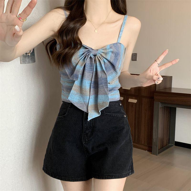 Product Introduction of Sweet and Spicy Style Striped Small Sling Vest Women's Summer Inner Wear Outer Wear Design Sense Niche Bow Sleeveless Short Top turtleneck  tank Lingerie Plaid Spaghetti Strap tank  top camisole  tops baby  tee 3